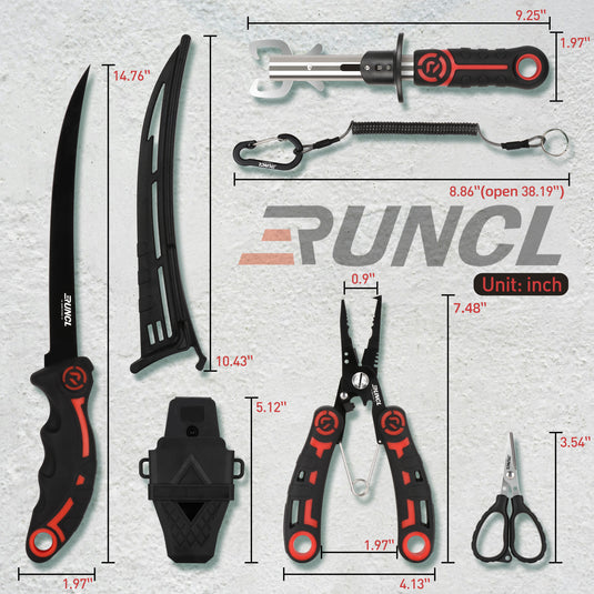 RUNCL 4pc Fishing Tool Kit- Fishing Pliers, Fish Fillet Knife with Sharpener, Fish Lip Gripper, Fishing Braid Scissors