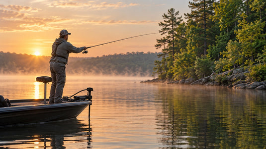 AI-generated illustration of an angler casting from a boat at sunrise on a freshwater lake.
