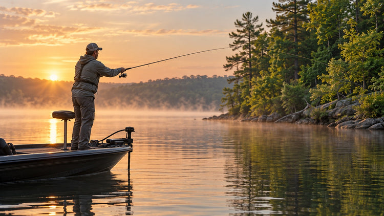 AI-generated illustration of an angler casting from a boat at sunrise on a freshwater lake.