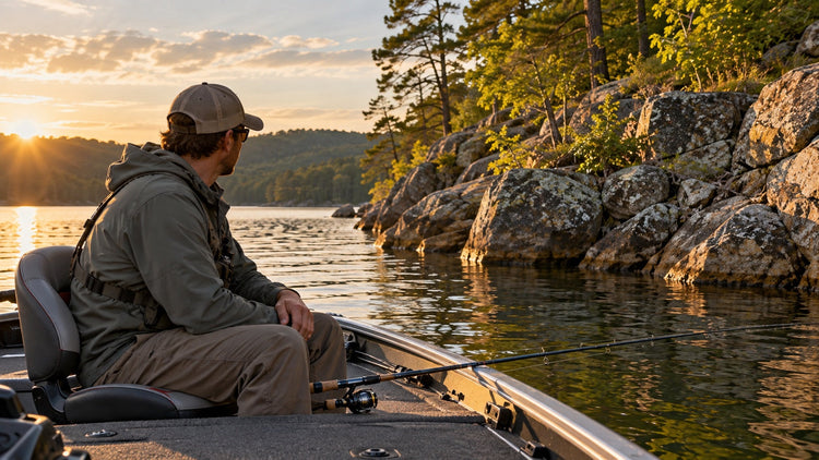 AI-generated illustration of an angler seated in a boat beside a rocky freshwater shore.