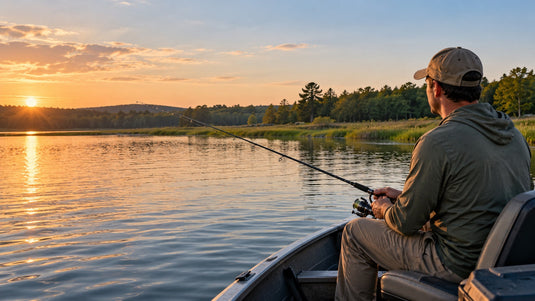 AI-generated illustration of an angler seated in a boat with a fishing rod on a freshwater lake in warm evening light.