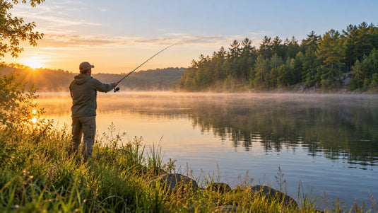 AI-generated illustration of an angler casting from a grassy freshwater lakeshore in morning light.