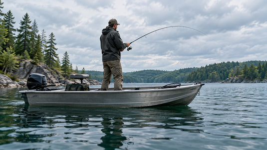 AI-generated illustration of an angler reeling from a small boat on a freshwater lake.