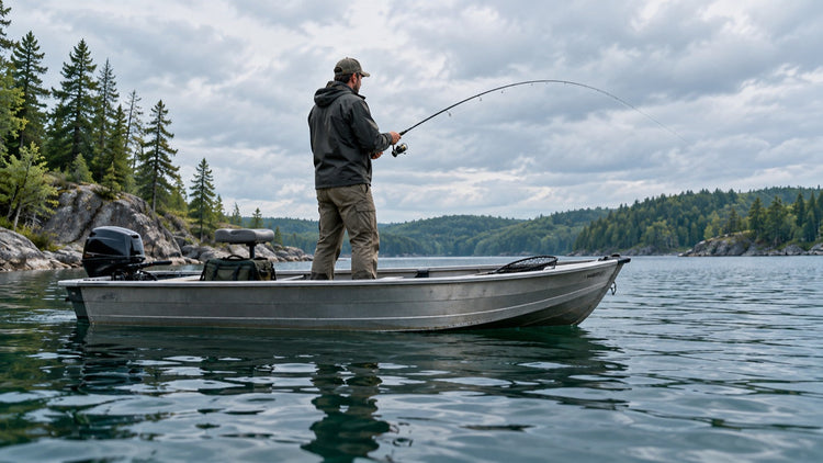 AI-generated illustration of an angler reeling from a small boat on a freshwater lake.