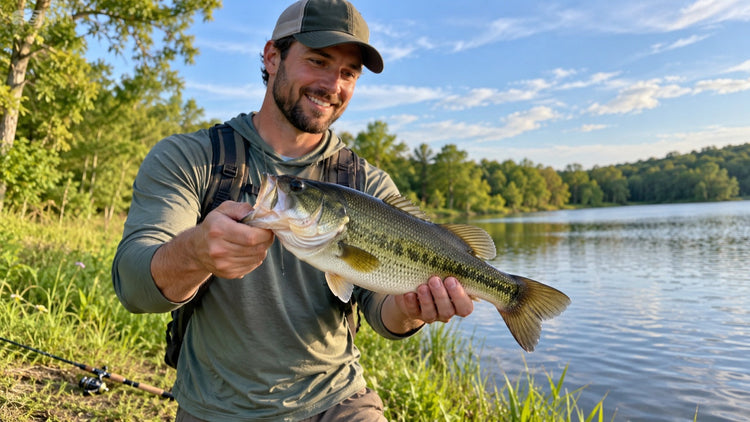 AI-generated illustration of an angler holding a fish beside a freshwater lake.