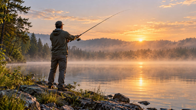 AI-generated illustration of an angler casting from a freshwater shore at sunrise.