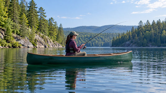 AI-generated illustration of an angler fishing from a canoe on a freshwater lake.