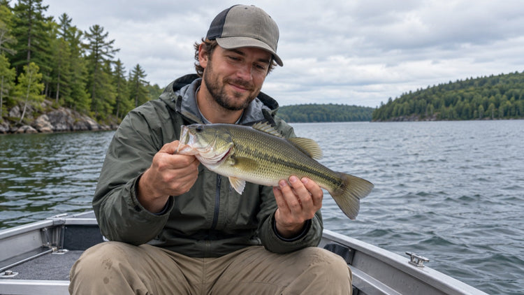 AI-generated illustration of an angler holding a fish in a boat on a freshwater lake.