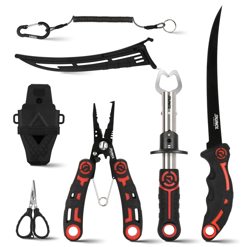 Load image into Gallery viewer, RUNCL 4pc Fishing Tool Kit- Fishing Pliers, Fish Fillet Knife with Sharpener, Fish Lip Gripper, Fishing Braid Scissors
