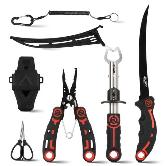 RUNCL 4pc Fishing Tool Kit- Fishing Pliers, Fish Fillet Knife with Sharpener, Fish Lip Gripper, Fishing Braid Scissors