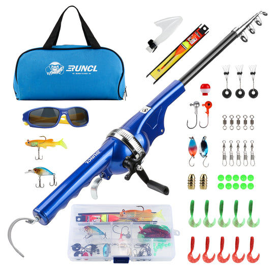RUNCL Kids Fishing Pole - Portable Folding Fishing Rod and Reel Combo Kit with Spincast Fishing Reel