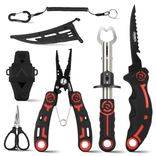 RUNCL 4pc Fishing Tool Kit- Fishing Pliers, Fish Fillet Knife with Sharpener, Fish Lip Gripper, Fishing Braid Scissors