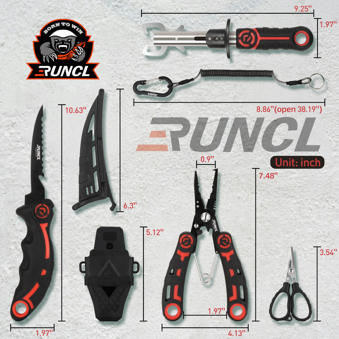 RUNCL 4pc Fishing Tool Kit- Fishing Pliers, Fish Fillet Knife with Sharpener, Fish Lip Gripper, Fishing Braid Scissors