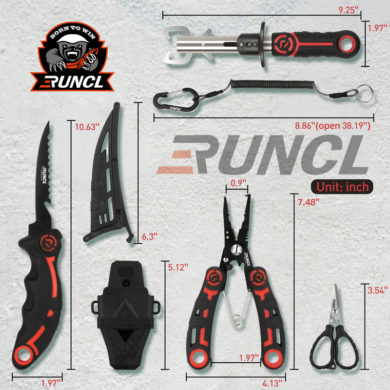 Load image into Gallery viewer, RUNCL 4pc Fishing Tool Kit- Fishing Pliers, Fish Fillet Knife with Sharpener, Fish Lip Gripper, Fishing Braid Scissors
