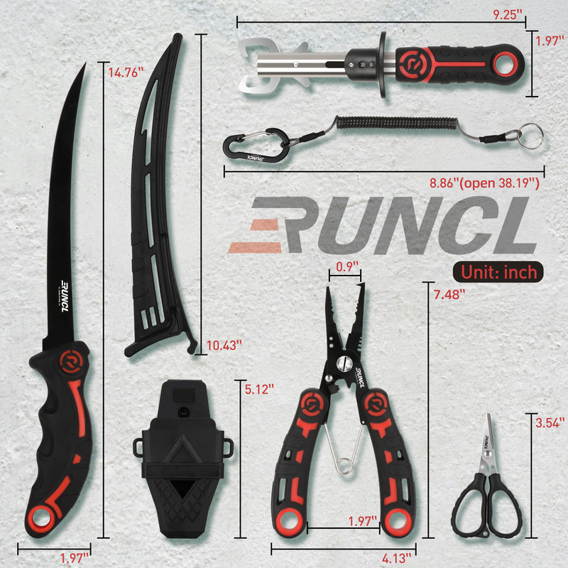 Load image into Gallery viewer, RUNCL 4pc Fishing Tool Kit- Fishing Pliers, Fish Fillet Knife with Sharpener, Fish Lip Gripper, Fishing Braid Scissors
