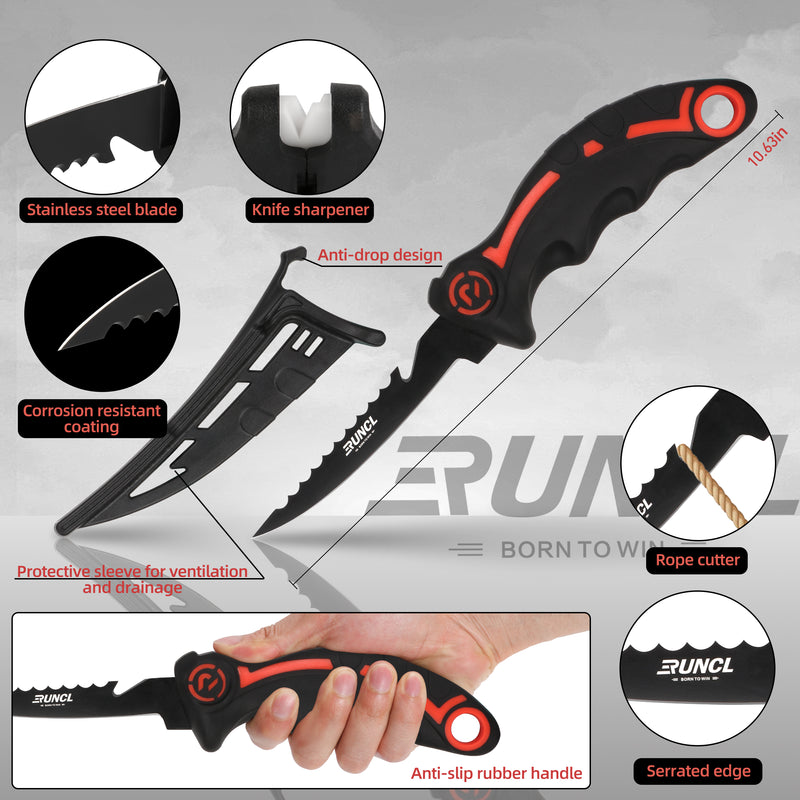 Load image into Gallery viewer, RUNCL 4pc Fishing Tool Kit- Fishing Pliers, Fish Fillet Knife with Sharpener, Fish Lip Gripper, Fishing Braid Scissors
