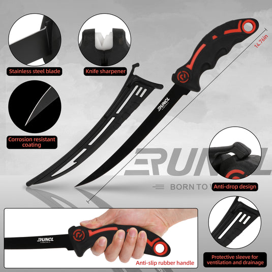 RUNCL 4pc Fishing Tool Kit- Fishing Pliers, Fish Fillet Knife with Sharpener, Fish Lip Gripper, Fishing Braid Scissors