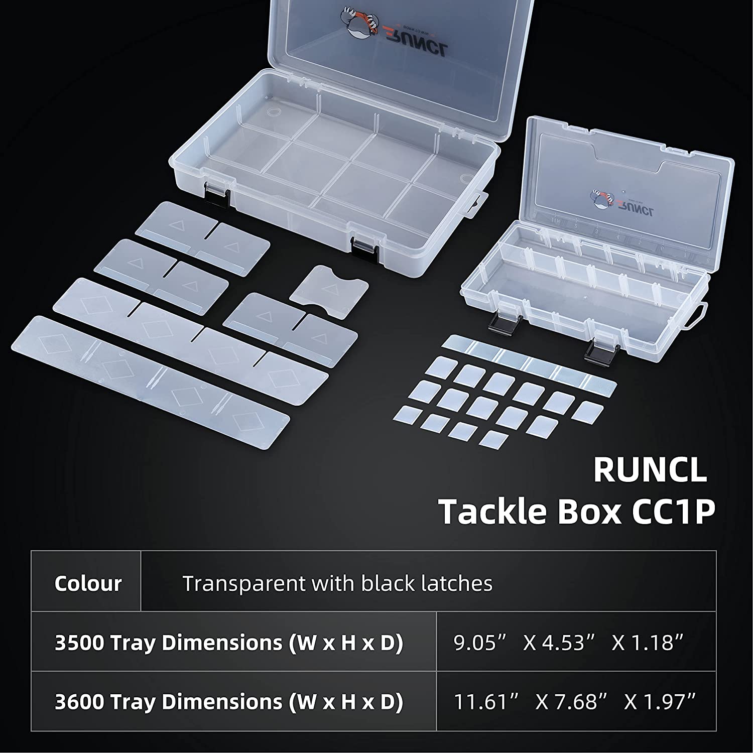 RUNCL Fishing Tackle Box, Plastic Storage Box with Removable Dividers, 3600  Tackle Boxes Organizer - Clear Tackle Storage Trays For Lures, Baits - Box